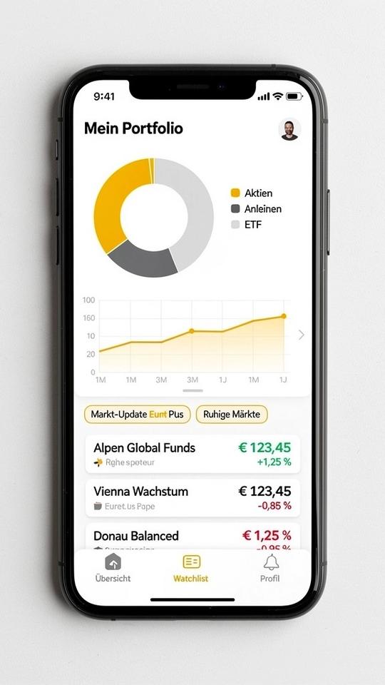 App-Screenshot: Portfolio-Übersicht mit Performance und Markt-Updates